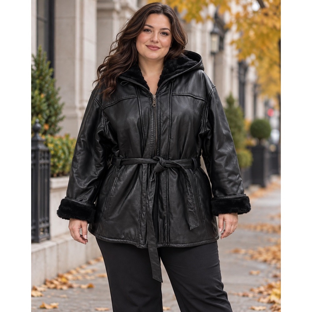 Vintage Black Leather Faux Fur Lined Hooded Belted Parka Plus Size XXL